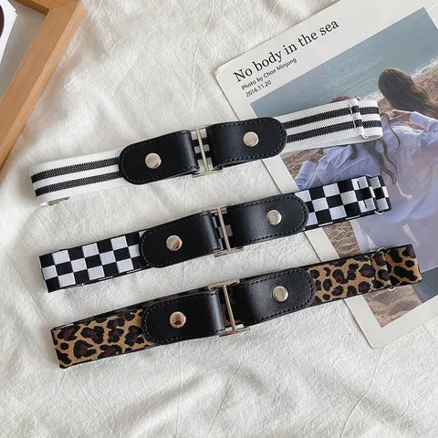 Women's Canvas Elastic Lazy Belt Checkerboard Leopard Print Adjustable Waist Strap Casual Fashion Belt