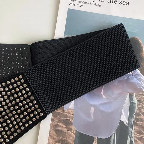 Women Punk Style Wide Waist Belt Elastic Canvas Metal Rivet Zipper Cinch Belt Corset Waist Seal For Suit Coat