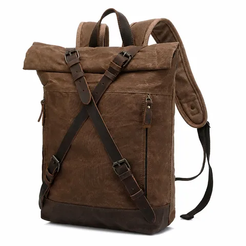 Herren Vintage Segeltuch Rucksack Große Kapazität Wasserdicht Freizeit Reisen Schulrucksack Mit Rindsleder Besatz