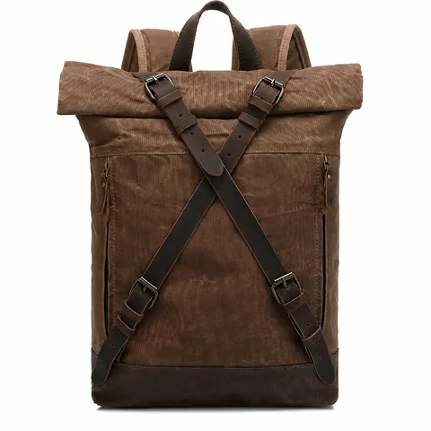 Herren Vintage Segeltuch Rucksack Große Kapazität Wasserdicht Freizeit Reisen Schulrucksack Mit Rindsleder Besatz