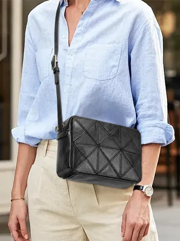 Damen Echtleder Umhängetasche Schultertasche Minimalistisch Kleine Quadratische Handtasche Geometrisches Gitter Pendlertasche