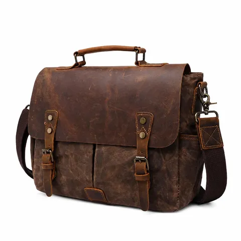 Retro Canvas Crazy Horse Leder Umhängetasche Für Herren Wasserdichte Casual Business Schultertasche Laptop Crossbody Tasche
