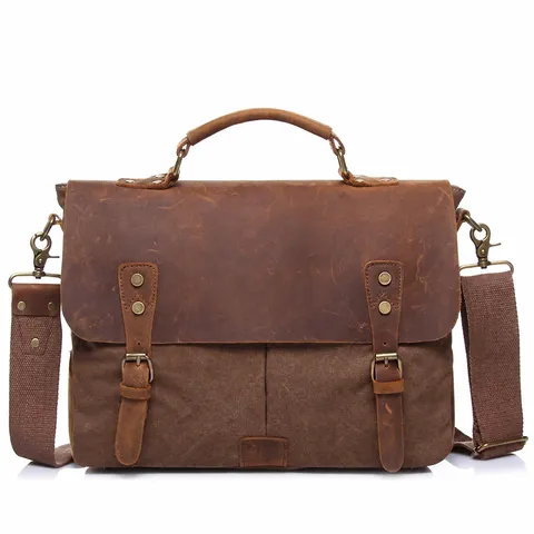 Men's Vintage Canvas And Crazy Horse Leather Messenger Bag Casual Business Commute Laptop Bag Crossbody Bag