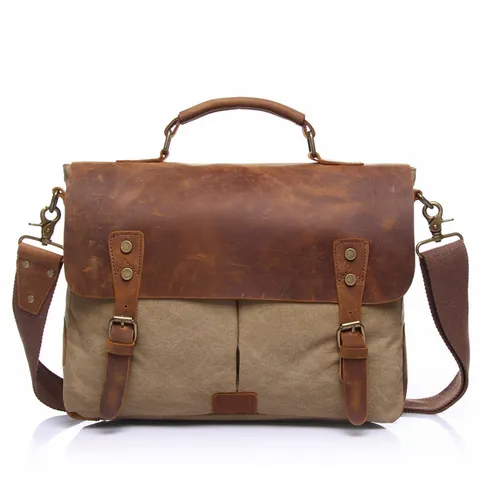 Men's Vintage Canvas And Crazy Horse Leather Messenger Bag Casual Business Commute Laptop Bag Crossbody Bag