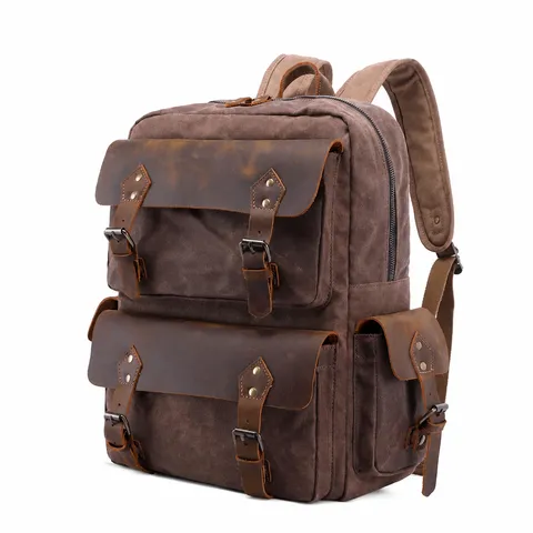 Vintage Segeltuch Leder Wasserdichter Rucksack Herren Casual Reise Schule Laptop Tasche Retro Grosse Kapazitaet Outdoor Rucksack