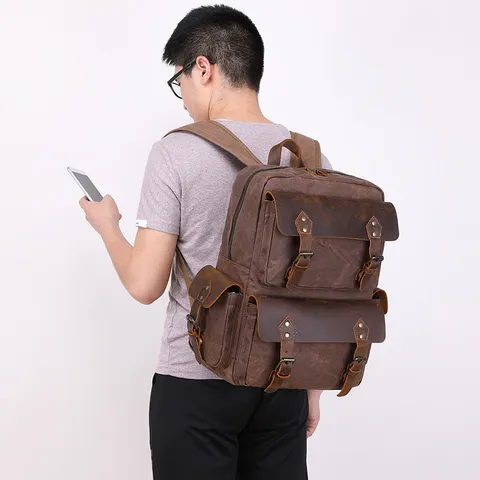 Vintage Segeltuch Leder Wasserdichter Rucksack Herren Casual Reise Schule Laptop Tasche Retro Grosse Kapazitaet Outdoor Rucksack