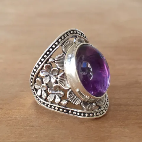 Anello Vintage in Lega di Argento Antico con Strass Viola per Uomo Donna Fiore Intagliato Svuotato Anello da Dito Geometrico Boho Gioielli Etnici
