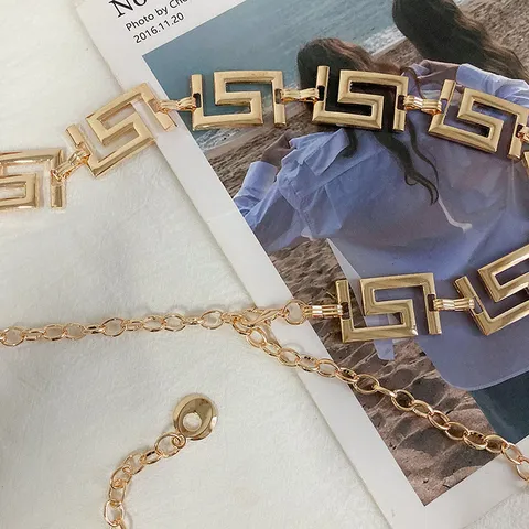 Retro Metalen Tailleketting Voor Vrouwen Mode Casual Geometrisch Grieks Sleutelpatroon Ketting Riem Jurk Pak Decoratieve Tailleband