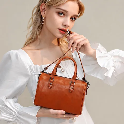 Damen Echtes Leder Umhängetasche Retro Boston Handtasche Vintage Top Griff Kissen Tasche Casual Mode Schultertasche