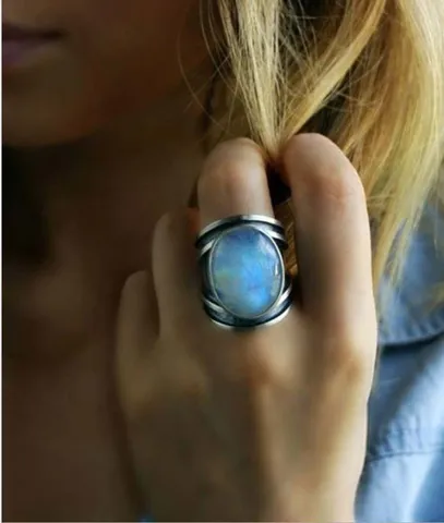 Anello a Fascia in Lega di Strass Stile Vintage Boemo Ovale Multicolore Pietra di Luna Sintetica Doppio Strato Traforato per Donna Gioielli Regalo