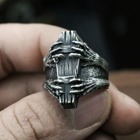 Retro Alloy Punk Gothic Coffin Ghost Claw Vampire Open Adjustable Ring Antique Gold Silver Hexagonal Geometric Unisex Ring For Halloween Party Jewelry