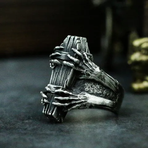 Retro Alloy Punk Gothic Coffin Ghost Claw Vampire Open Adjustable Ring Antique Gold Silver Hexagonal Geometric Unisex Ring For Halloween Party Jewelry