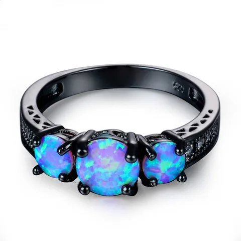 Anello Vintage in Lega di Zinco Placcato Oro Nero con Opale Artificiale Blu per Donna Strass Anello Geometrico Gioiello Regalo