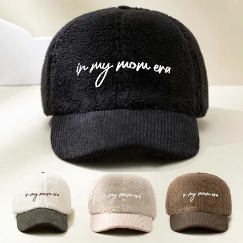 Unisex Corduroy Lambswool Baseball Cap Letter Embroidery Adjustable Colorblock Casual Sun Protection Dad Hat