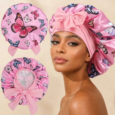 Gorro de Dormir de Satin para Mujer Estampado de Mariposa Cuidado del Cabello Cinta Ajustable Sombrero de Noche Suave Tacto Seda