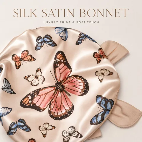 Gorro de Dormir de Satin para Mujer Estampado de Mariposa Cuidado del Cabello Cinta Ajustable Sombrero de Noche Suave Tacto Seda