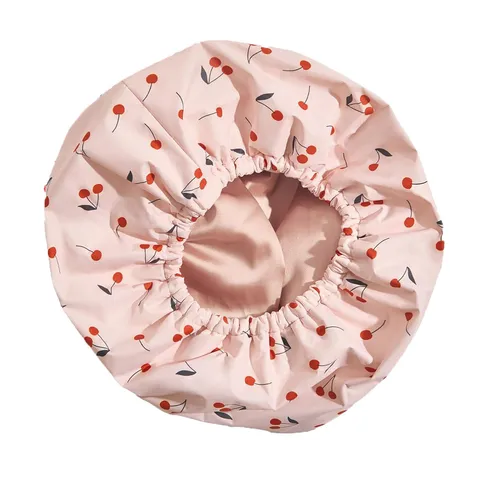 Waterproof Shower Cap For Women Double Layer Reusable Bath Cap Elastic Hair Protection Cap Cute Cherry Print Sleep Cap
