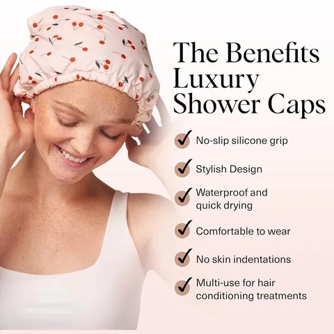 Waterproof Shower Cap For Women Double Layer Reusable Bath Cap Elastic Hair Protection Cap Cute Cherry Print Sleep Cap