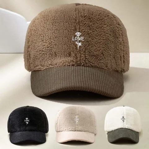 Faux Shearling Corduroy Baseball Cap Rose Letter Embroidery Colorblock Sun Protection Adjustable Hat