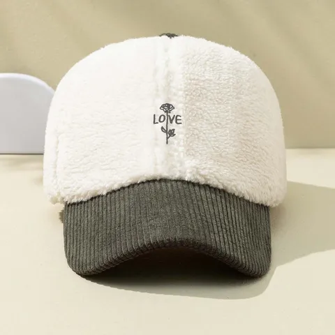 Faux Shearling Corduroy Baseball Cap Rose Letter Embroidery Colorblock Sun Protection Adjustable Hat