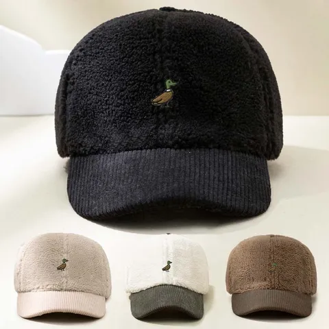 Unisex Corduroy Faux Shearling Baseball Cap Mallard Duck Embroidery Adjustable Outdoor Sun Protection Casual Hat