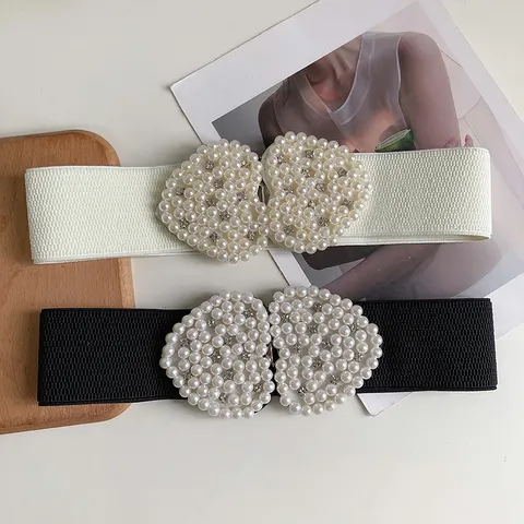 Ceinture Élastique pour Femmes Rétro Large Bande de Taille Avec Boucle Cœur Perle Strass Robe Manteau Ceinture Décorative