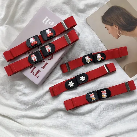 Women Elastic Stretch Belt Punch Free Waistband Cute Cartoon Animal Design Red Casual Fashion Waist Accessory