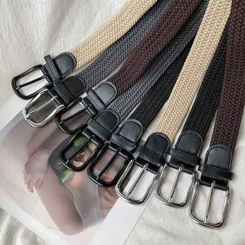 Japanese Minimalist Casual Braided Belt Unisex Solid Color Nylon Elastic Waist Belt With Metal Pin Buckle Daily Wear