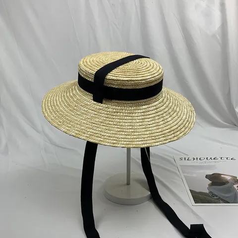 Chapeau de Paille pour Femmes Large Bord Dessus Plat Vintage Style Français Été Plage Chapeau de Soleil Protection UV Ruban Élégance