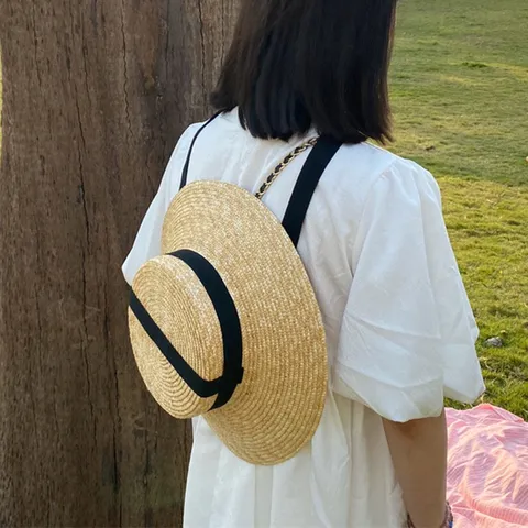 Chapeau de Paille pour Femmes Large Bord Dessus Plat Vintage Style Français Été Plage Chapeau de Soleil Protection UV Ruban Élégance