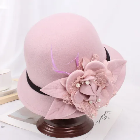 Chapeau Bob Vintage en Feutre de Laine pour Femmes Chapeau Melon Floral Élégant Chapeau d'Hiver
