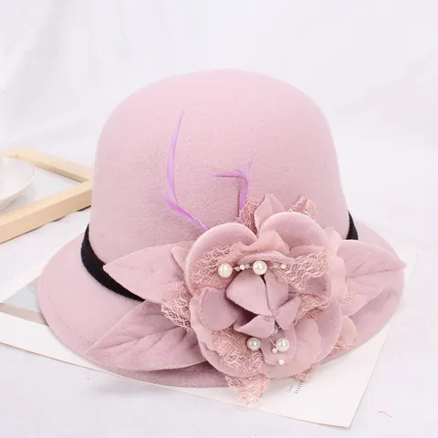 Chapeau Bob Vintage en Feutre de Laine pour Femmes Chapeau Melon Floral Élégant Chapeau d'Hiver