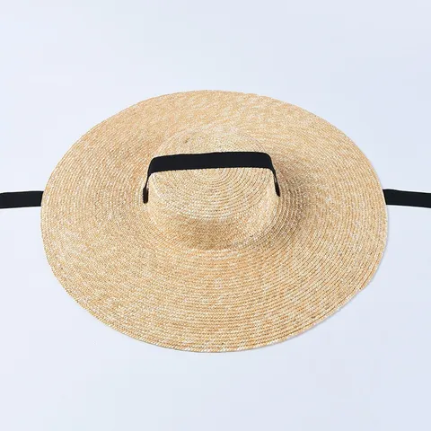 Chapeau de Paille pour Femme Large Bord Dessus Plat Chapeau de Soleil Été Plage Vacances Voyage Chapeau Avec Ruban Noir Casquette de Protection Solaire Mode