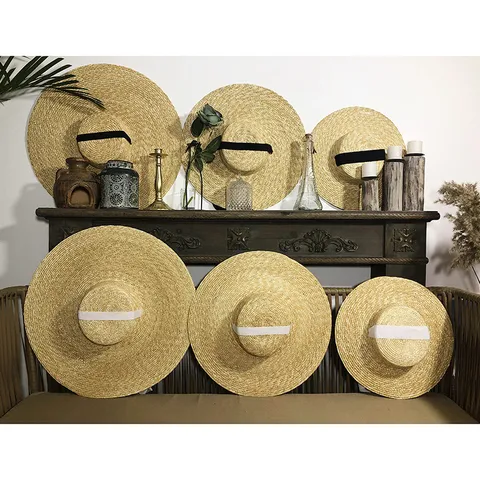 Chapeau de Paille pour Femme Large Bord Dessus Plat Chapeau de Soleil Été Plage Vacances Voyage Chapeau Avec Ruban Noir Casquette de Protection Solaire Mode