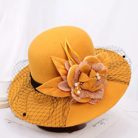 Women Elegant Woolen Felt Bucket Hat Vintage Hepburn Style Mesh Flower Warm Fisherman Cap Casual Outdoor Hat