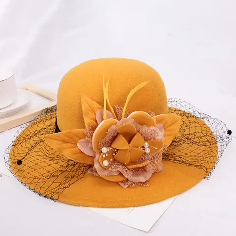 Women Elegant Woolen Felt Bucket Hat Vintage Hepburn Style Mesh Flower Warm Fisherman Cap Casual Outdoor Hat