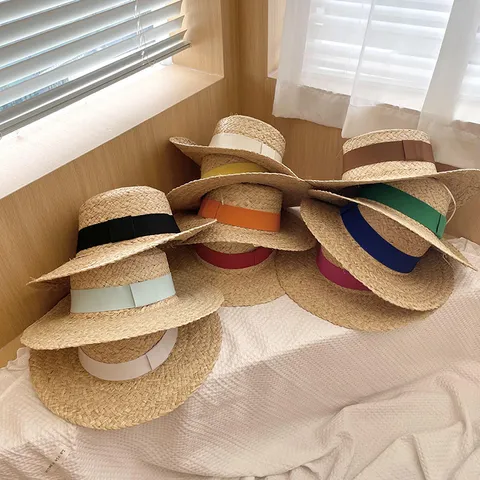 Raffia Straw Flat Top Sun Hat For Women Wide Brim Beach Ribbon Straw Hat Summer UV Protection Travel Outing Sunshade Hat