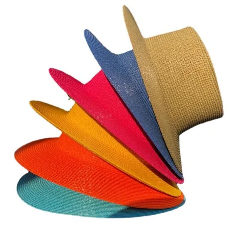 Chapeau de Paille à Haut Plat pour Femmes Été Décontracté Protection Solaire Panama Tissé pour Voyage Vacances Couleur Unie