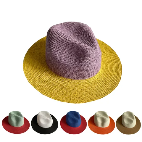 Womens Panama Straw Hat British Style Summer Beach Sun Protection Woven Jazz Hat Color Block Fedora Sun Hat