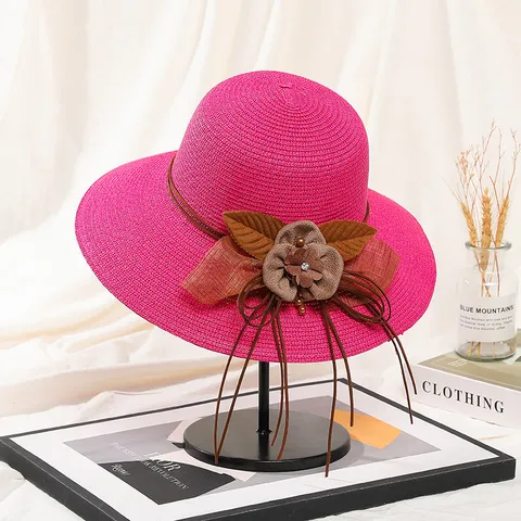 Damen Breite Krempe Strohhut Sommer Strand Sonnenschutz Falzbar Casual Floral Sonnenhut Reise Fischer Mütze