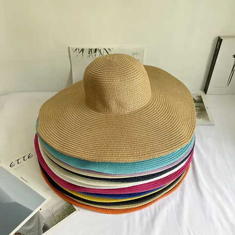 Chapeau de Paille à Grand Bord pour Femmes Bord Roulé Couleur Unie Chapeau de Soleil de Plage Pliable en Paille de Papier Pare-soleil d'Été pour Vacances Voyage