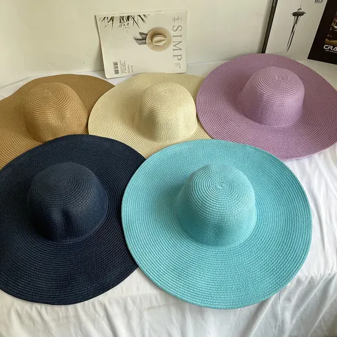 Chapeau de Paille à Grand Bord pour Femmes Bord Roulé Couleur Unie Chapeau de Soleil de Plage Pliable en Paille de Papier Pare-soleil d'Été pour Vacances Voyage