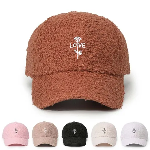 Faux Lamb Wool Baseball Cap Embroidered Rose Love Letter Curved Brim Adjustable Sun Protection Outdoor Cap For Unisex Sport Casual Hat