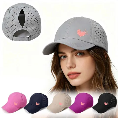 Unisex Polyester Schnell Trocknend Pferdeschwanz Baseballkappe Atmungsaktiv Outdoor Sonnenschutz Verstellbarer Hut Gebogene Krempe Sportmütze Mit Herzdruck Buchstabenstickerei
