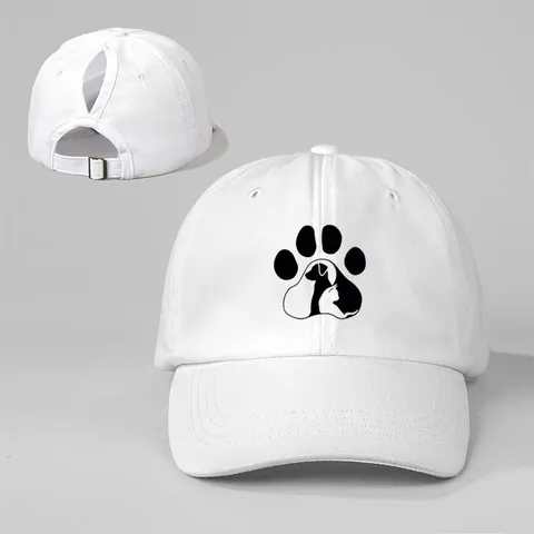 Dames Paardenstaart Honkbalpet Met Hond Kat Pootafdruk Digitaal Bedrukt Polyester Verstelbare Outdoor Zonnehoed Casual Pet