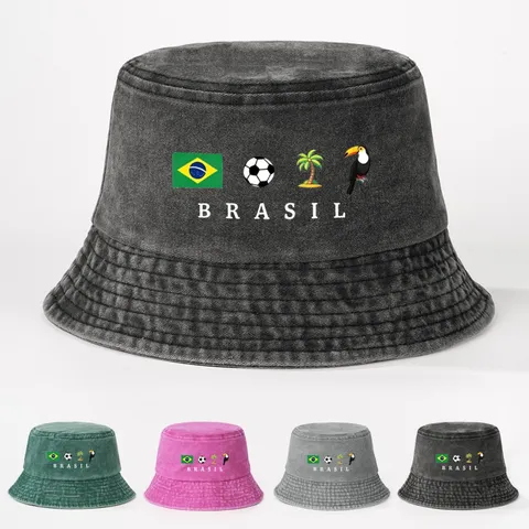 Gewaschene Baumwolle Bedruckt Brasil Anglerhut Breite Krempe Flache Krone Sonnenschutz Outdoor Einstellbar Lässig Fischerhut Für Herren Damen