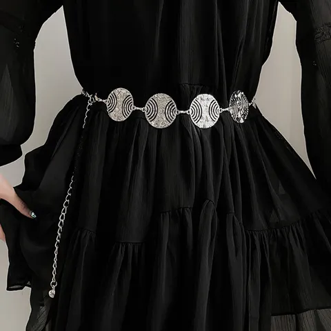 Women Fashion Metal Waist Chain Retro Alloy Round Discs Body Chain Adjustable Multi-layer Waist Belt Dress Jewelry Accessory