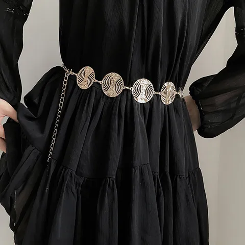 Women Fashion Metal Waist Chain Retro Alloy Round Discs Body Chain Adjustable Multi-layer Waist Belt Dress Jewelry Accessory