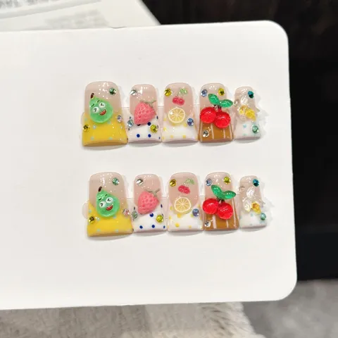 Handmade Sweet Fruit 3D Sculpted Press On Nails Acrylic Clear False Nails With Rhinestone Accents For Women Daily Manicure Art