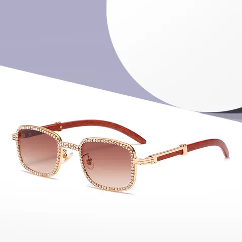 Gafas de Sol Cuadradas de Metal con Strass Retro Varillas de Cadena con Grano de Madera Gafas de Diseñador de Lujo para Hombres Mujeres Protección UV400